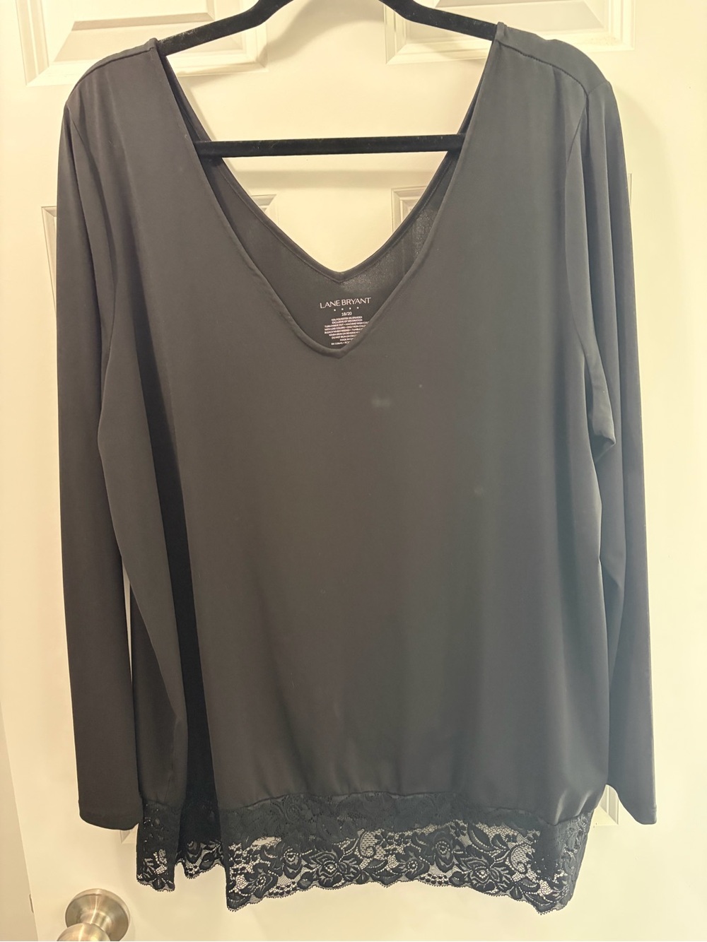 Lane Bryant Black Long-Sleeve V-Neck Top with Lace Trim